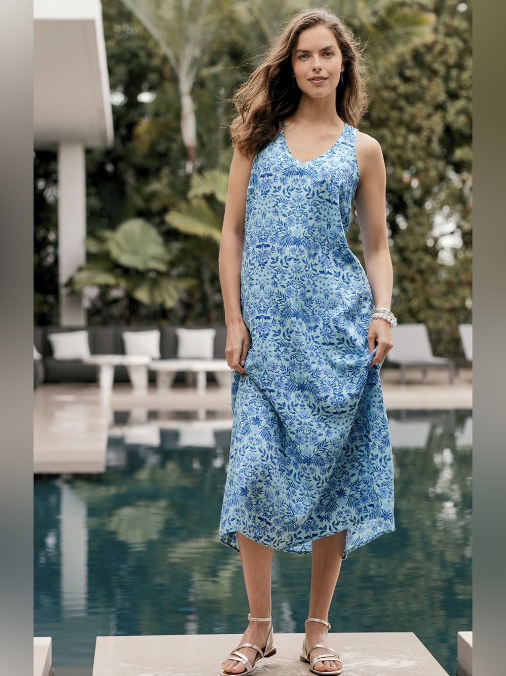 J Jill Love Linen Sleeveless V-Neck Maxi Dress Light Aqua Floral Extra Large